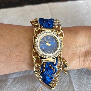 Women’s Blue And Gold Tone Rhinestone Fashion Watch With Adjustable Fit
